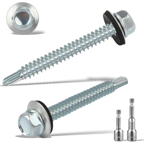 Lot de 75 vis à tôle trapézoïdale - Vis autotaraudeuses - Avec disque d'étanchéité - 6,3 x 50 mm - 2 embouts hexagonaux - Jeu de douilles M8 - Vis étanches galvanisées - Vis à toit en métal (argentées (1/5)