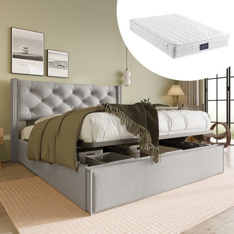 Lit double hydraulique capitonné 140x200cm, sommier à lattes en métal, cadre de lit moderne avec espace de rangement, coton, gris clair (matelas inclus), garantie 2 ans (1/5)