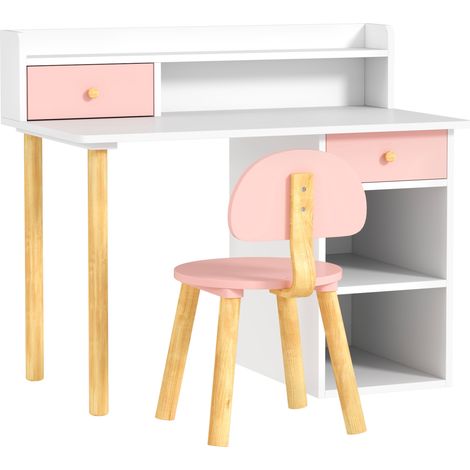 Ensemble bureau et chaise pour enfant, bureau d'écolier avec tiroirs, compartiment et étagères, rose et blanc (1/5)