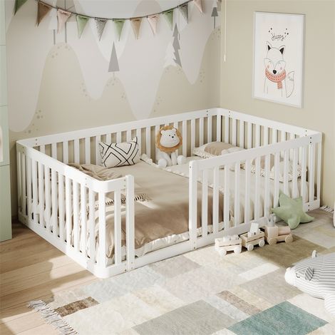 Lit évolutif Enfant 90x200 cm en Pin Massif - Cadre de Lit Bas avec Barrière de Sécurité - Style Minimaliste - Blanc (1/5)