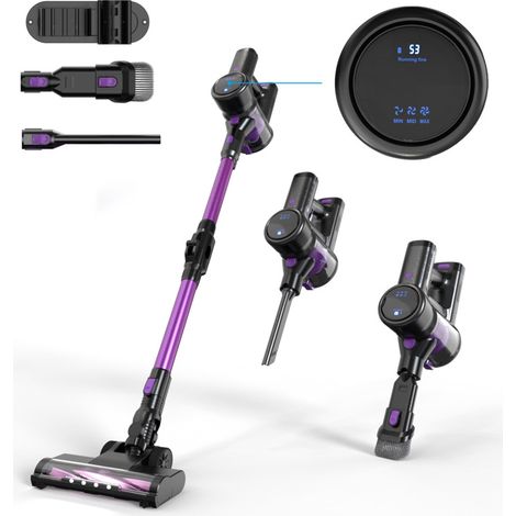 Kabelloser Stabstaubsauger, 28 KPA, 3 Geschwindigkeiten, LED-Display, 40 Minuten Laufzeit mit herausnehmbarem Akku, Stabstaubsauger für Hartböden/Tierhaare/Teppiche (lila)