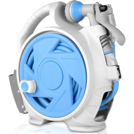 Dévidoir Rétractable Jardin 15m + 1.5m - Enrouleur Portable 7 Modes de Jet Fixation Murale pour Arrosage Nettoyage Voiture Bleu (1/5)