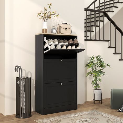 Noire - Armoire à chaussures fine avec 3 portes rabattables, étagères réglables 2 niveaux pour 12 à 18 paires, 60x23,5x115 cm (1/4)