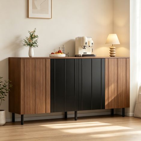 Credenza 160 x 35 x 80 cm con 4 ante, vani interni regolabili e gambe in metallo, finitura noce e nero (1/5)