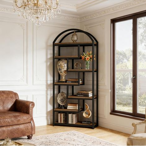 Libreria 80x30x180 cm in MDF e metallo nero, 7 ripiani, salvaspazio – MEUBLIV (1/5)