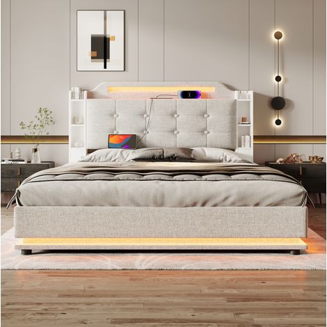 Lit coffre 140 x 200 cm capitonné en lin beige avec LED et ports USB Type-C (1/5)