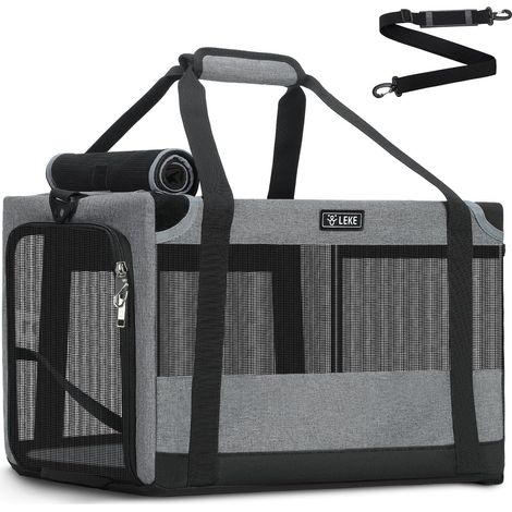 Sac Transport Chat, Sac Voyage Chat avec Maille sur 4 Côtés, Caisse Transport Chats Pliable Stable pour Adapté aux Chats et Chiots Pesant Jusqu'à 7 Kg, Gris L (1/5)