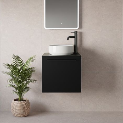 Napoli 390 Matt Black 500mm Wall Mounted Single Drawer Vanity Unit for Countertop Basins - 500mm - Gunmetal Grey 320mm Handle