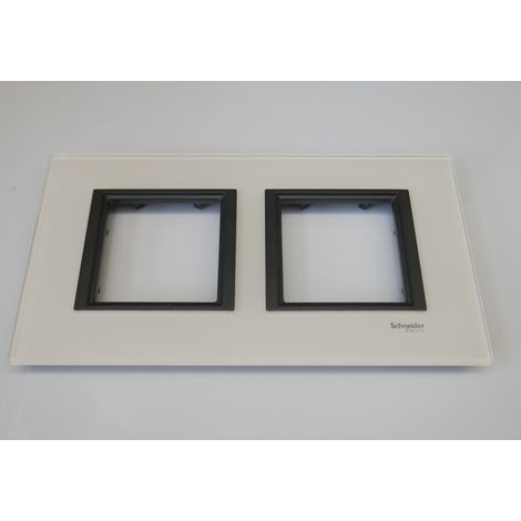 Plaque de finition 2 postes verre blanc liseré noir 2x2M H/V entraxe 71mm pour appareillage mural Unica (1/2)