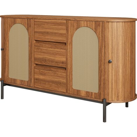 Credenza ovale in MDF color noce con ante in rattan, cassetti e gambe in metallo (1/5)