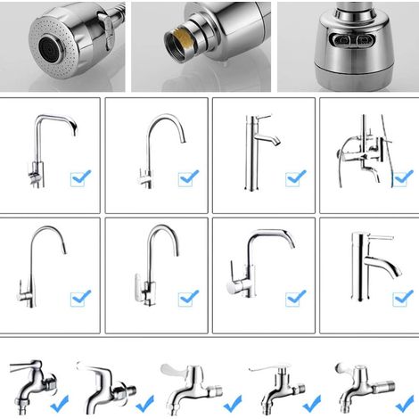 360 Degrés Aérateur de Robinet Pivotant Tête de Robinet de Cuisine 2 Modes Réglable Douche Tête Filtre Pulvérisateur Pour Cuisine Salle De Bain (Court) MNS (1/4)