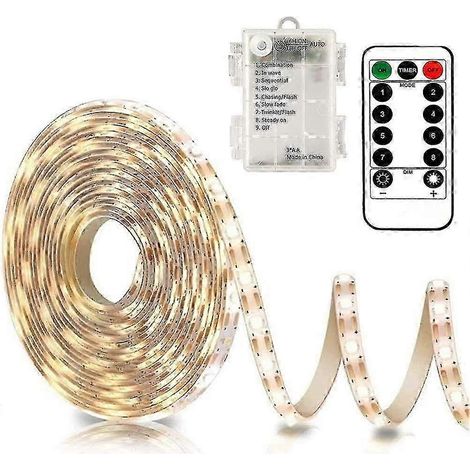 3 m LED-Streifen mit Fernbedienung, 90 LEDs, wasserdicht, 8 Modi, einstellbare Helligkeit, Timer, selbstklebend, kürzbar (warmweiß)