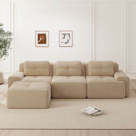 Canapé d'angle Cloud beige, 3 places en velours côtelé, avec pouf, sans montage, modulaire