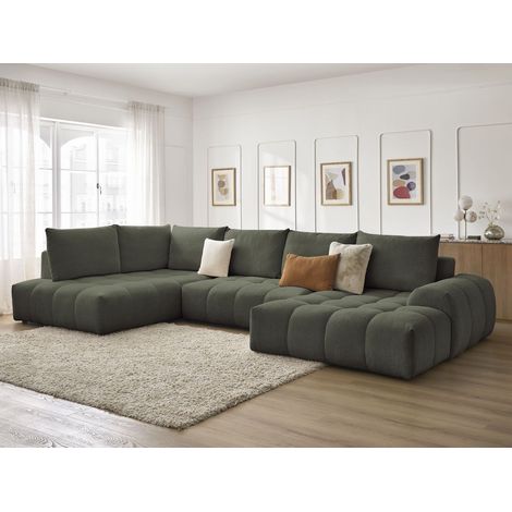 BOBOCHIC - Canapé panoramique convertible coffre EVEREST tissu chiné Angle droit  Vert (1/5)