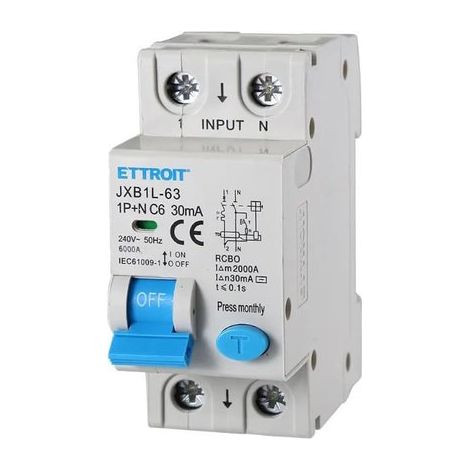 Disjoncteur différentiel 1P+N 6A 6kA 30mA 220V occupe 2 modules DIN Ettroit JX270661 (1/3)