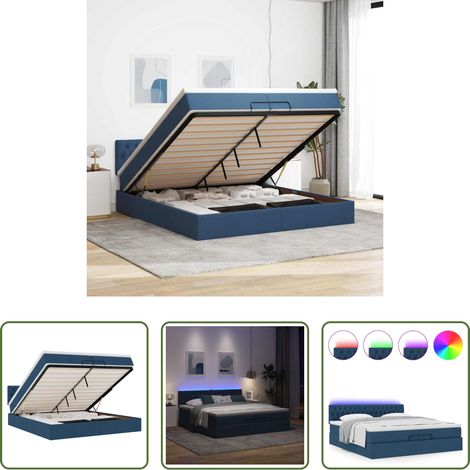 vidaXL LED-Beleuchtung - Ottoman-Bett mit Matratzen & LEDs Blau 200x200 cm Stoff (1/5)