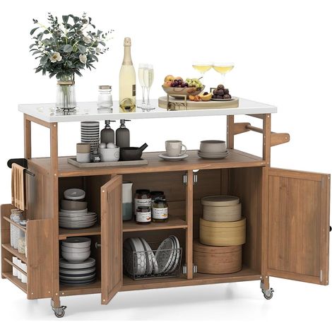 COSTWAY Carrello Barbecue Esterno, con Piano in Acciaio Inox, Isola Cucina in Legno di Abete con Ruote, Armadio, Ripiano Aperto e Scomparti, 130 x 47 x 92 cm