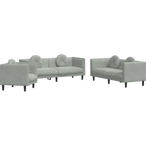 Ensemble de Canapé  Sofas 3 pcs avec coussins gris clair velours