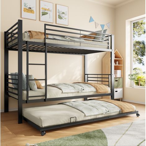 Letto a castello in metallo nero 90x200 cm con letto estraibile, 3 posti letto, struttura stabile e silenziosa (1/5)