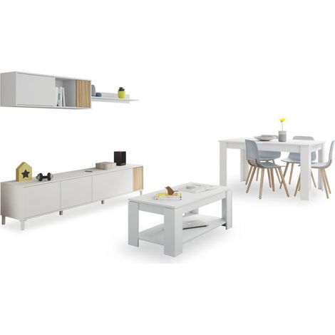 Pack salón con mesa de centro y mesa de comedor Nitza Max V1A Blanco Artik (Blanco Mate) - Natur (ancho) x 47cm (alto) (1/5)