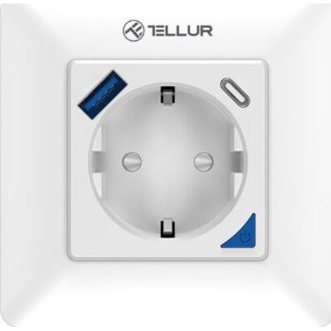 Enchufe de pared inteligente WiFi Tellur 3600W 16A, PD20W, USB 18W, indicador de energía, blanco