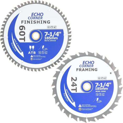 185mm Circular Saw Blade Set 20mm/16mm Bore 24T/60T Quick Finish Fine Cut Cross Cut Tear Laminate Plywood Plastic Wood Compatible with (1/5)