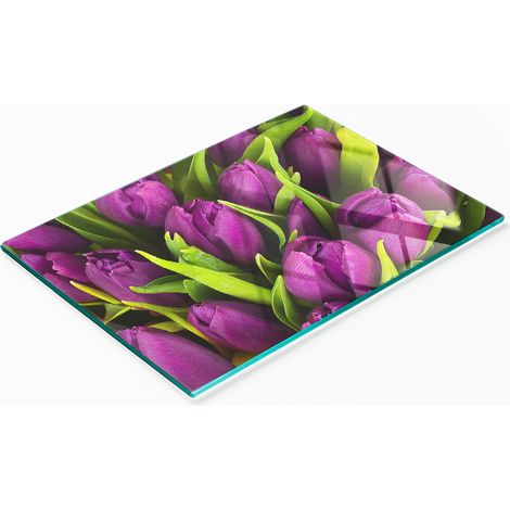 Dekoratives Schneide- und Servierbrett aus Glas, lila Tulpen, 80 x 52 cm (1/5)