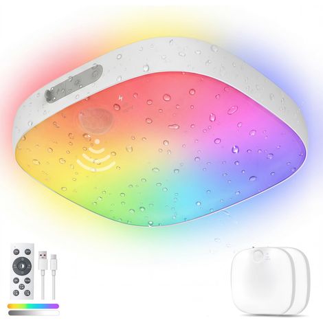 Plafonnier LED sans fil avec détecteur de mouvement et télécommande – 10 000 mAh rechargeable avec 18 couleurs, minuterie – IP65 sans prise électrique pour salle de bain, cave, escalier, balcon (1/5)