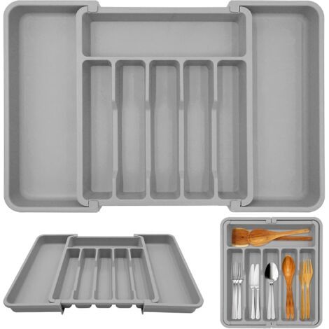 Organiseur de tiroir à couverts extensible avec 6 8 compartiments - Plateau antidérapant pour ustensiles cuisine, cuillères, fourchettes, couteaux Gris (1/5)