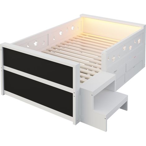 Letto per bambini 90 x 200 cm bianco con barriera, lavagna, cassetti e LED (1/5)