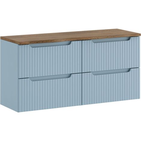Wandhängendes Badezimmer-Set VANO in Denim-Blau und Eichenholz 120cm: Unterschrank mit Schubladen + Waschtischplatte