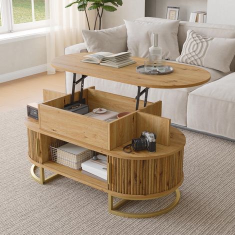Mesa de centro salón ovalada elevable 100x50x64 cm - Mesa de café con espacio de almacenamiento y puertas correderas de mdf metal - Estilo vintage madera natural y oro (1/5)