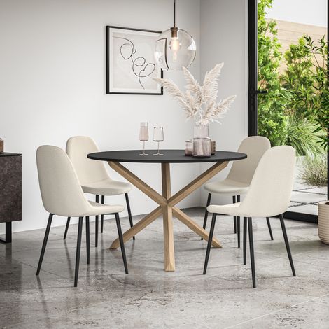 Malvern Round Dining Table And Chairs -  Black Table Top w Solid Oak Legs + Maya Boucle Dining Chair Set Of 4 (Ivory White) (1/5)