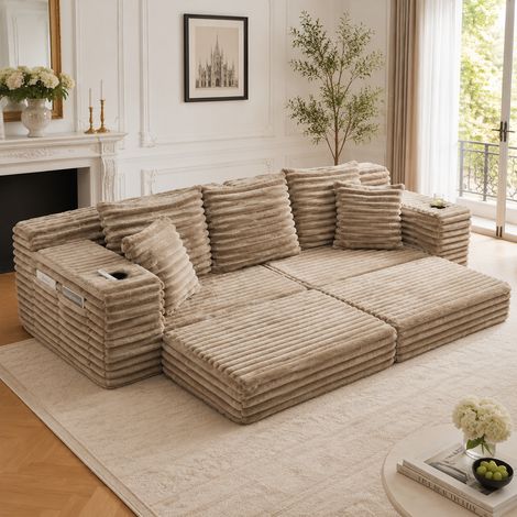 Cordstoff-Kompressionssofa mit hoher Rückenlehne und Zusatzkissen, beidseitigen Taschen und Getränkehaltern, frei kombinierbar als Schlafsofa, weiche Polsterung für maximalen Komfort, Khaki (1/5)