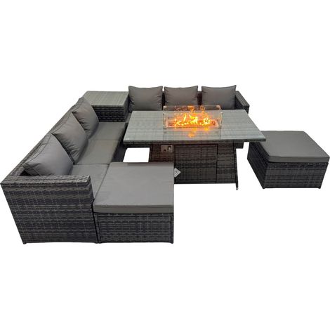 Fimous 8 Seater Garden Outdoor Rattan Furniture Set Patio Corner Sofa Gas Firepit Dining Table with Side Table 2 Big Stools Dark Grey (1/5)