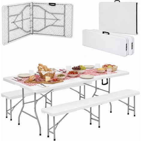 Set Tavolo catering con 2 panche in plastica pieghevoli a valigia - Tavolo da 180x71x74 cm e Panca da 180x29x43 cm - Struttura in resina resistente, ideale per l'esterno, giardino e campeggio - Bianco (1/5)