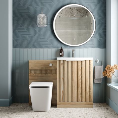1100mm Fluted Bathroom Vanity Unit Set and Provence Back-to-Wall Toilet Oak (1/4)
