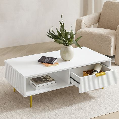 Modern White Coffee Table with Storage, Gold Metal Legs and Handles – Stylish Centre Table for Living Room and Lounge (1/5)