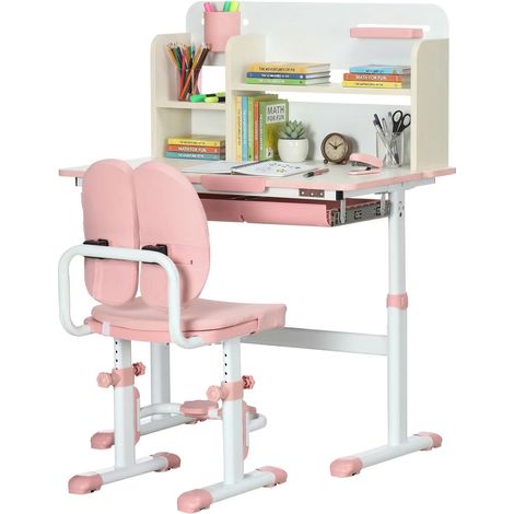 Pupitre infantil altura ajustable con cajón, estante y tablero inclinable 80x52x88-109 cm rosa y blanco