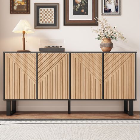Sideboard 160x38x75 cm Schwarz/Natur in MDF und Spanplatte mit Streifenfront und Stauraum (1/5)