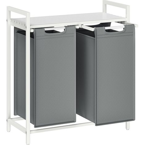 VASAGLE Cesto Portabiancheria, Porta Biancheria, 2 Sacchi in Tessuto Rimovibili, Piano d’Appoggio, Metallo, 2 x 46 L, 73 x 33 x 72 cm, Grigio Ardesia e Bianco Opaco BLH201W11 (1/5)