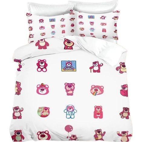 Housse de couette Ours Fraise, style anime, rose vif, microfibre douce et respirante, 140 x 200 cm