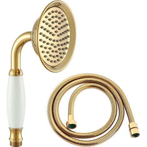 Pommeau de douche en titane doré - Grande taille - 10,7 cm - Traditionnel - Laiton et céramique - Pommeau de douche téléphonique et tuyau de 140 cm - Pour salle de bain (1/5)