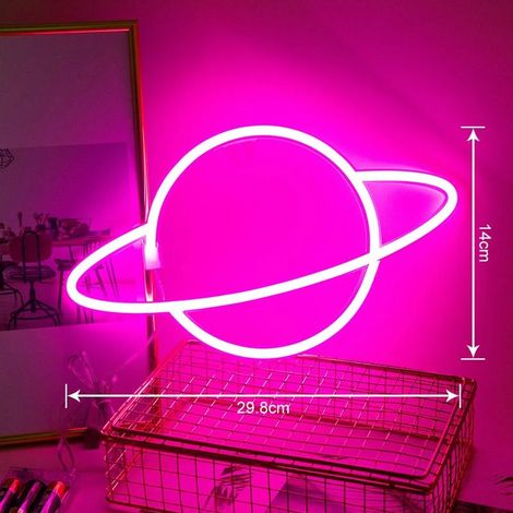 Enseigne lumineuse LED néon décorative, veilleuse pour la maison, décoration murale, alimentation par piles et USB, motif planète rose