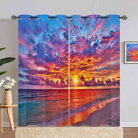 Rideau Occultant Coucher de Soleil Océan Plage Rideau Thermique Isolant Draperies Intérieurs Tenture Opaque à Oeillets pour Maison Chambre Salon Fenetre 2 Pièces L 140 x H 240 cm - 140L X 240H cm (2 P (1/5)