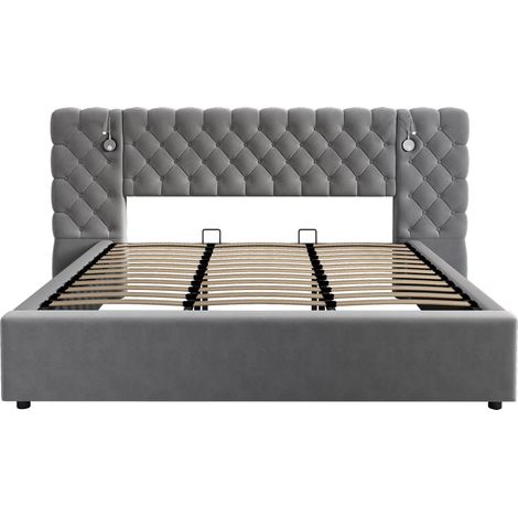 Letto contenitore 180 x 200 cm in velluto grigio con illuminazione e rete a doghe (1/5)