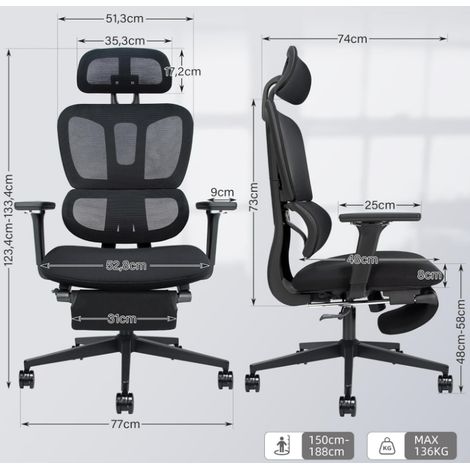Ergonomischer Bürostuhl mit Netzbezug, ausziehbarer Fußstütze, doppelter Rückenlehne, Lendenwirbelstütze und 4D-Armlehnen, Schwarz