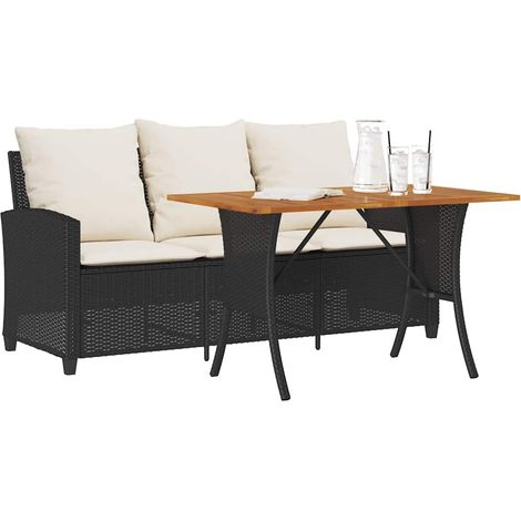 Gartensofa 3-Sitzer mit Kissen & Tisch Schwarz Poly Rattan