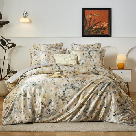 Ensemble de literie en satin 3 pièces King-Size avec motif floral, luxueux et doux