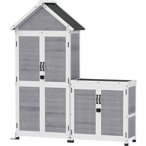 Abri de jardin bois épicéa gris clair avec placard rangement étagères réglables portes verrouillables étanche